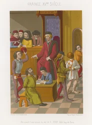 Gerichtsszene mit einem Mann, der mit einem Seil um den Hals gehalten wird