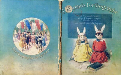 Titelillustration & Rückseite eines französischen Schulbuchs über das Schreiben, veröffentlicht von Hachette in Paris, 1905