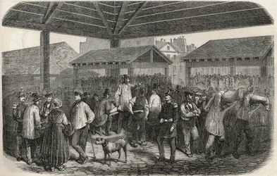 Cree de la viande de boucherie auf dem Markt der Rue des Prouvaires im 1. Arrondissement von Paris - Gravur in „Tableau-de-Paris“ von Edmond Texier 1852