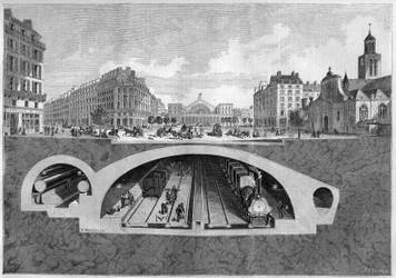 Querschnitt des unterirdischen Eisenbahnprojekts in Paris, von der Vilette zu den zentralen Hallen, 1861. Gravur in „Le Monde Illustré“ Nr. 213 vom 11. Mai 1861