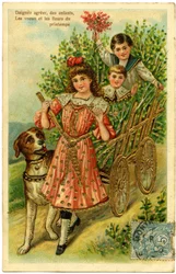 Nehmen Sie an, Kinder, Wünsche und Blumen des Frühlings: Kinder in einem Wagen, begleitet von einem Hund. Postkarte Anfang des 20. Jahrhunderts.