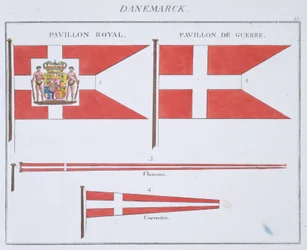 Dänische Flaggen, aus einem französischen Flaggenbuch, ca. 1819