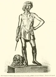 David, Sieger über Goliath, Bronzestatue von Andrea Verocchio, im Nationalmuseum von Florenz (Stich)