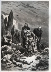 Tod von König Harold II. (1022-1066) in der Schlacht von Hastings im Jahr 1066 - Edith Swannesha (Schwanenhals), bekannt als Edith die Gerechte (1025-1086), entdeckt den Körper ihres Mannes - Ealdgyth (Edith die Schöne oder Edith Schwanenhals), entdeckt de