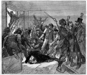 Bergarbeiterstreik in Decazeville (Aveyron) im Jahr 1886: Der Ingenieur Watrin wurde von den Streikenden ermordet. Stich in "Le Monde Illustré", 6. Februar 1886.