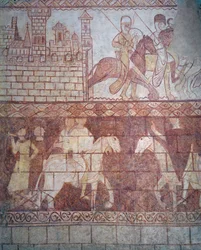 Abreise der Kreuzritter-Tempelritter im Jahr 1163 von ihrer syrischen Burg Krak des Chevaliers zur Schlacht von Boquée