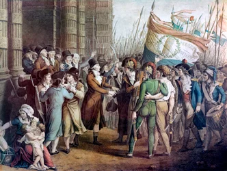 Abgeordnete des Nationalkonvents verlassen am 31. Mai 1793 die Versammlung in den Tuilerien - „Der 31. Mai 1793“ - Paris, 31. Mai 1793: Die bewaffneten Bürger vor den Girondisten, die den Konvent verlassen, nachdem sie von den Montagnards geschlagen