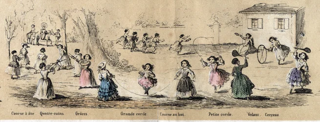 Beschreibung der Hobbys und Spiele von Kindern: Mädchenspiele, Vier-Ecken-Spiel, Seilspringen, Zielrennen, Reifen und Steuer. Tafel „Die Kinderspiele“ in „Les Recreations instructives“. Synoptisches Gemälde von Jules Delbruck, Gravur von 1860.