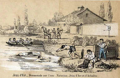 Beschreibung der Freizeitaktivitäten und Spiele von Kindern: Spiele im Freien im Sommer und Wasserspiele, Schwimmen, Planschen, Bogenschießen und Armbrust. Tafel „les jeux de l