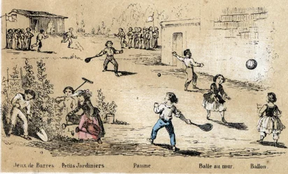 Beschreibung der Freizeit und Spiele von Kindern: Ball- und Ballspiele (Ball an die Wand, Palmspiel) und Gartenarbeit. Tafel „Die Spiele der Kindheit“ in „les Recreations instructives“ Synoptisches Gemälde von Jules Delbruck, Gravur von 1860. Private Samml