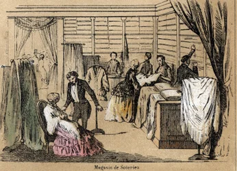 Beschreibung der Kultur und Seidenprodukte: ein Seidengeschäft. Tafel „Die Seide“ in „Les Recreations instructives“. Synoptisches Gemälde von Jules Delbruck, Gravur von 1860.