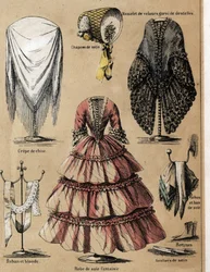 Beschreibung der Kultur und Seidenprodukte: Ein Kleid aus Krepp de Chine, ein Samtmantel mit Spitze, Seidenärmel und ein Fantasiekleid. (la soie)