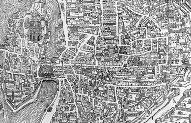 Detail aus einer Karte von Paris zur Zeit von Heinrich II., zeigt das Quartier des Ecoles, 1552