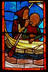 Detail eines Fensters, das Szenen aus dem Leben der Hl. Maria von Ägypten darstellt