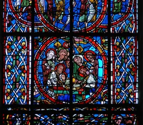 Detail aus einem Fenster, das die Grablegung darstellt, aus dem Tod und der Himmelfahrt der Jungfrau Maria