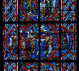 Detail aus einem Fenster, das die Beerdigung darstellt, aus dem Tod und der Himmelfahrt der Jungfrau Maria