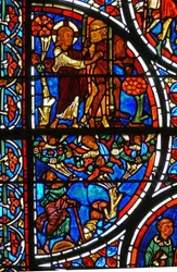 Detail eines Fensters, das das Gleichnis vom barmherzigen Samariter darstellt: Gott vertreibt Adam und Eva aus dem Garten Eden (Detail)