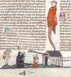 Detail einer Bas-de-Page-Szene eines Einsiedlers, der vor einer Taverne Bier trinkt