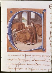 Detail einer historisierten Initiale mit einer Illustration eines Winzers bei der Arbeit, aus dem 
