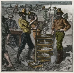 Diamantenwäsche in Südafrika im 19. Jahrhundert. Gravur von 1885 in „Les arts et métiers illustrés“ von Adolphe Bitard.