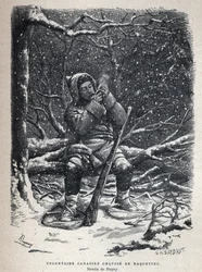 Entdeckung Kanadas: Freiwilliger der kanadischen Armee mit Schneeschuhen. Zeichnung von Dupuy. Gravur aus dem späten 19. Jahrhundert in La Nouvelle France von Eugene Guenin