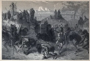 Entdeckung Kanadas: Der Tanz der Bisons in den Mondanes. Gravur aus dem späten 19. Jahrhundert in „La nouvelle France“ von Eugene Guenin.