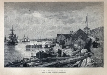 Entdeckung Kanadas: Hafen von Saint-Pierre in Neufundland. Zeichnung von Weber nach einem Foto. Gravur aus dem späten 19. Jahrhundert in „La nouvelle France“ von Eugène Guénin