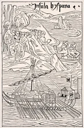 Entdeckung von Santo Domingo, Insula Hyspana, durch Christoph Kolumbus, Faksimile eines Holzschnitts der Epistola Christoferi Colom, aus Wissenschaft und Literatur im Mittelalter von Paul Lacroix, London 1878