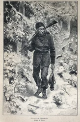 Entdeckung Kanadas: Porträt eines kanadischen Fallenstellers im Wald. In „La nouvelle France“ von Eugene Guenin