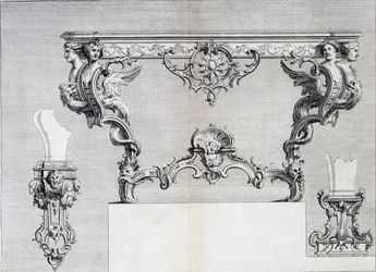 Doppelarmiger Kerzenhalter mit Rokoko- und klassischen Elementen, aus einem Musterbuch für neoklassizistische Metallarbeiten zusammengestellt von Duhamel, ca. 1770er-80er Jahre