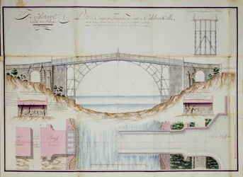 Zeichnungen und Querschnitt der Eisenbrücke, die 1779 in Coalbrookdale, Shropshire, England, gebaut wurde, 1784