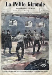Dreyfus-Affäre: Das Duell zwischen den Oberstleutnants Georges Picquart (1854-1914) und Hubert Henry (1846-1898) in der Militärschule in Paris. Titelblatt von „La petite Gironde“ vom März 1898.