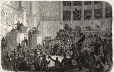 Herzogin von Orléans in der Chambre des Députés (1848), Paris, Frankreich - Revolution von 1848 - Die Herzogin von Orléans in der Chambre des Députés in Paris zur Zeit der Proklamation der Republik (Hélène de Mecklenburg-Schwerin, Herzogin von Orléans)