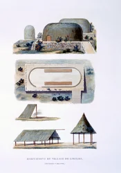 Behausungen im Likiliki-Dorf, Neuirland, 1826
