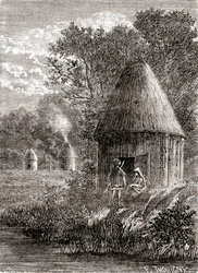 Frühe gallische Häuser, eine runde Hütte mit einem Loch im Dach, um den Rauch des Feuers entweichen zu lassen, aus 