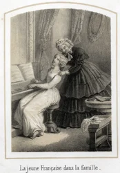 Erziehung für junge Mädchen aus guten Familien: Eine junge Französin, die auf dem Klavier sitzt, wird von ihrer Haushälterin übernommen. Anonyme Gravur des 19. Jahrhunderts