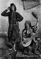 Ägyptische Musiker und Tänzer. Ein Mann hält Zimbeln zwischen seinen Fingern. Gravur in „Le Journal de la jeunesse“