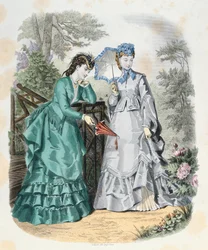 Elegante Frauen in einem Garten, aus La Mode Illustrée, 1871