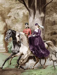 Kaiser Franz Joseph der Erste und Kaiserin Elisabeth von Österreich aus Wittelsbach (1837-1898) reiten Pferde (Gravur)