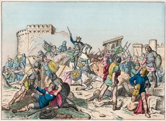 Eudes (Odon) (860-898), Karolingische Dynastie, führte die Schlacht gegen die Normannen und verteidigte Paris siegreich (885-887) - Eudes (860-898) in der Schlacht gegen die Normannen - Gravur Ende des 19. Jahrhunderts in „Nos Gires Nationales - Bilder und