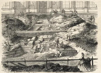 Ausgrabungen im Cour Carrée du Louvre - Entdeckung der Fundamente des ehemaligen Turms von Philippe Auguste - Ausgrabungen im Hof des Louvre - Freilegung der Fundamente des ehemaligen Turms Philippe-Auguste - Gravur in „Le monde illustré“