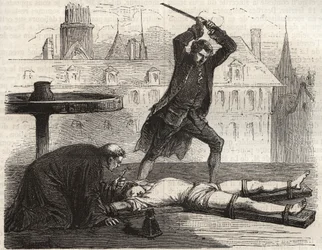Hinrichtung (Le torice de la roue) des Giftmischers Antoine-Francois Desrues (1744-1777) auf der Place des Greves in Paris im Jahr 1777 - Bestrafung von Desrues, auf dem Rad gebrochen auf der Place de Greve in Paris