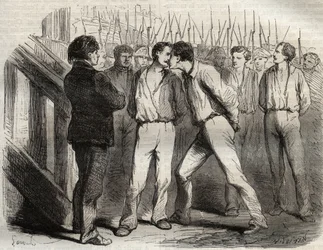 Hinrichtung der vier Sergeanten von La Rochelle am 21. September 1822: Bories, Raoulx, Gaubin, Pommier - Raoulx, der als erster gehen sollte, bat darum, seine Kameraden zu umarmen - Gravur in „Berühmte Fälle aller Völker“ von Armand Fouquier (1817-18?)