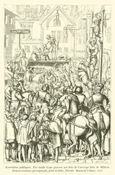 Öffentliche Hinrichtungen, Faksimile eines Holzschnitts aus dem lateinischen Werk von Millaeus, Praxis criminis persequendi, kleines Folio, Paris, Simon de Colines, 1541