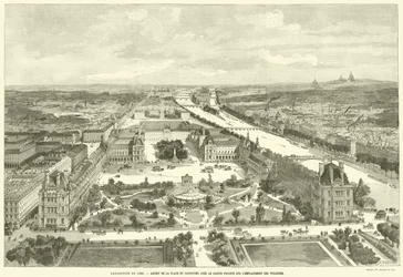 Ausstellung von 1889, Ansicht des Place du Carrousel mit dem geplanten Garten auf dem Gelände der Tuilerien
