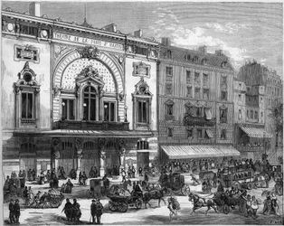 Außenansicht des Théâtre de la Porte Saint-Martin in Paris, wiederaufgebaut 1873. Gravur in „Le Monde Illustré“ Nr. 856 vom 6. September 1873.