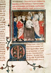 F.11r St. Remigius, Bischof von Reims, tauft und salbt Chlodwig I., König der Franken, aus den Grandes Chroniques de France, 1375-79