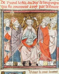 F.188r Raoul, Sohn des Herzogs von Burgund, wird zum König von Frankreich gekrönt, aus den Grandes Chroniques de France, 1375-79