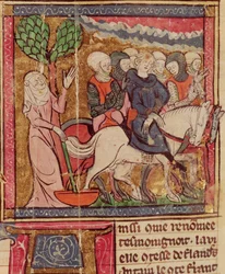 F.288r Ferdinand von Portugal (1186-1233) Graf von Flandern als Gefangener nach Paris gebracht nach der Schlacht von Bouvines, 27. Juli 1214, Grandes Chroniques de France, 1375-79