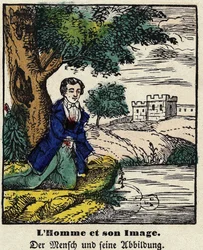 Fabeln von La Fontaine: Der Mann und sein Bild. Bild von Epinal, erste Hälfte des 19. Jahrhunderts.